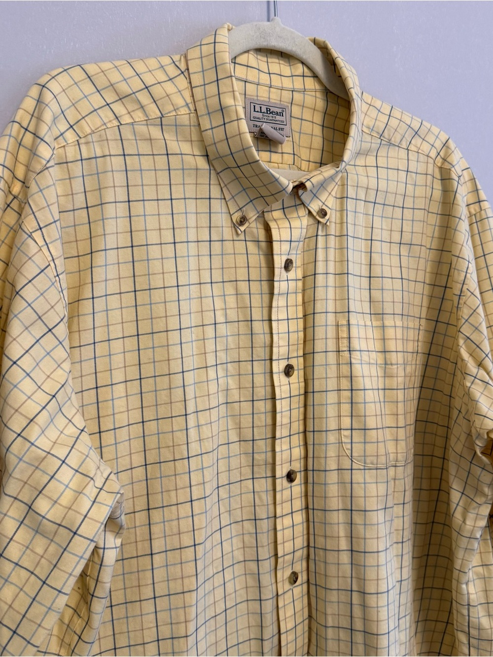 L L Bean Yellow Plaid 100% Cotton Button-Down Shirt Navy Grid Plaid Men Size XXL